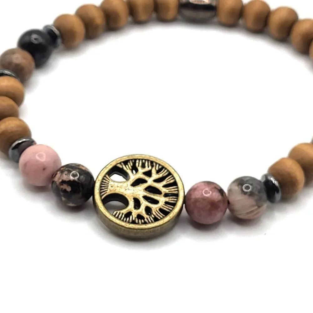 Artisan Healing Beaded Tree Bracelet 7.5in Wood Hematite Agate Sandstone